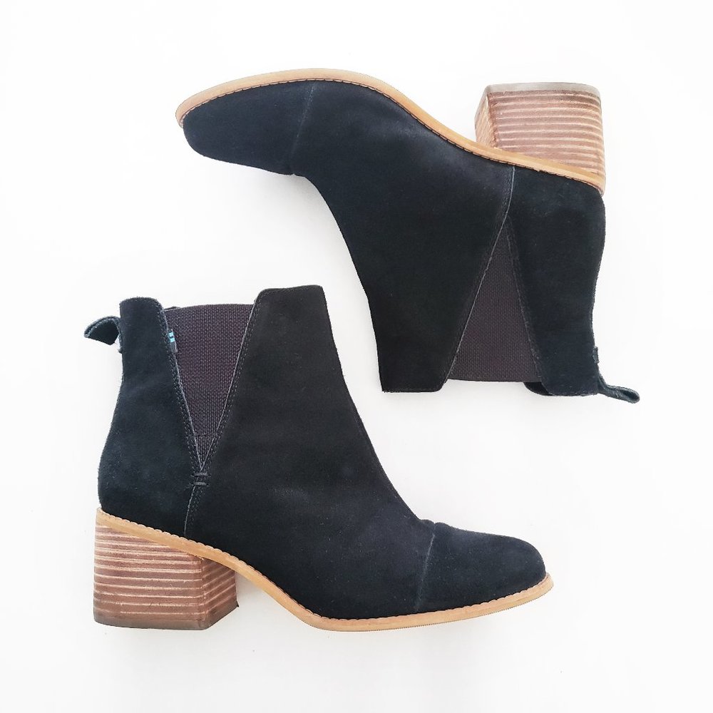 Toms Black Suede Ankle Booties with Stacked Wood Heel